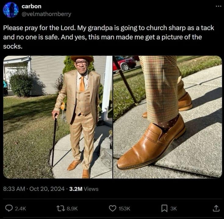 carbon @velmathornberry Please pray for the Lord. My grandpa is going to church sharp as a tack and no one is safe. And yes, this man made me get a picture of the socks. 8:33 AM • Oct 20, 2024 • 3.2M Views • 2.4K 17 8.9K 153K п зк 1good morning to these lesbian grizzly bear moms only V A hwo-mother family: bonded female Grizzly Bears in Wyoming with their four cubs