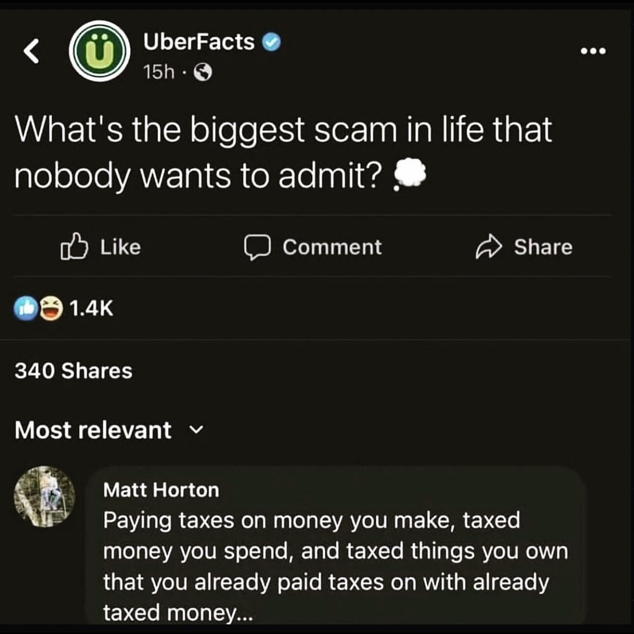 UberFacts 15h • What's the biggest scam in life that nobody wants to admit? Like Comment Share 1.4K 340 Shares Most relevant v Matt Horton Paying taxes on money you make, taxed money you spend, and taxed things you own that you already paid taxes on with already taxed money...