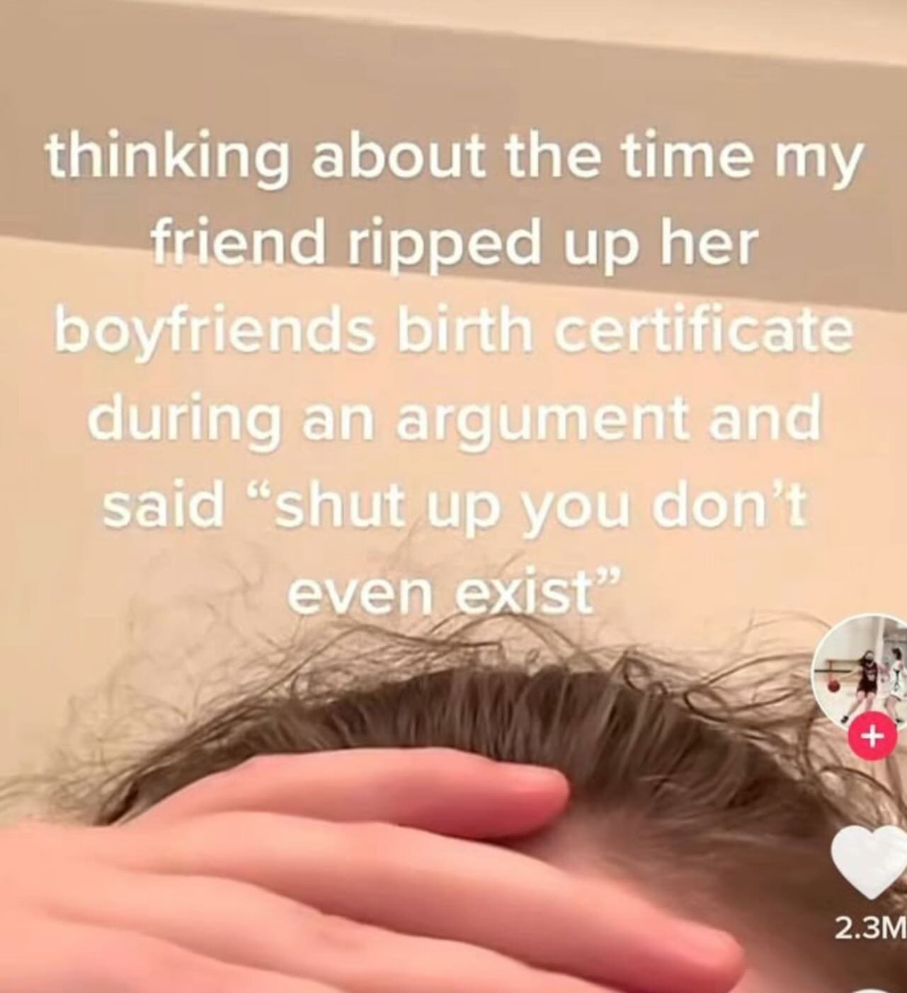 thinking about the time my friend ripped up her boyfriends birth certificate during an argument and said "shut up you don't even exist" + 2.3M