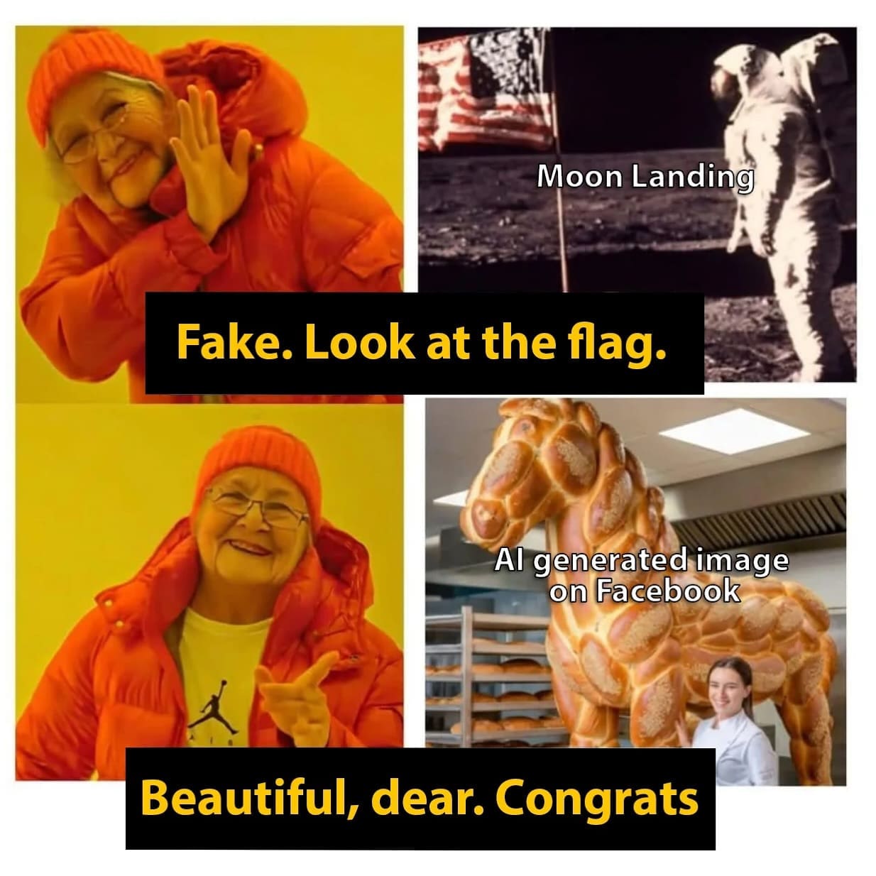 Moon Landing Fake. Look at the flag. Al generated image on Facebook Beautiful, dear. Congrats