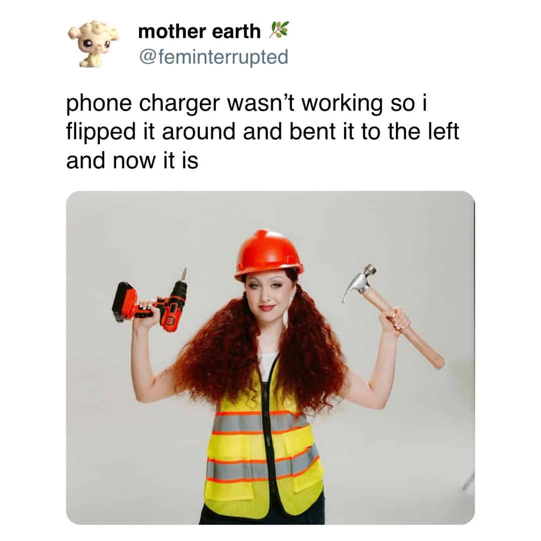 mother earth @feminterrupted phone charger wasn't working so i flipped it around and bent it to the left and now it is