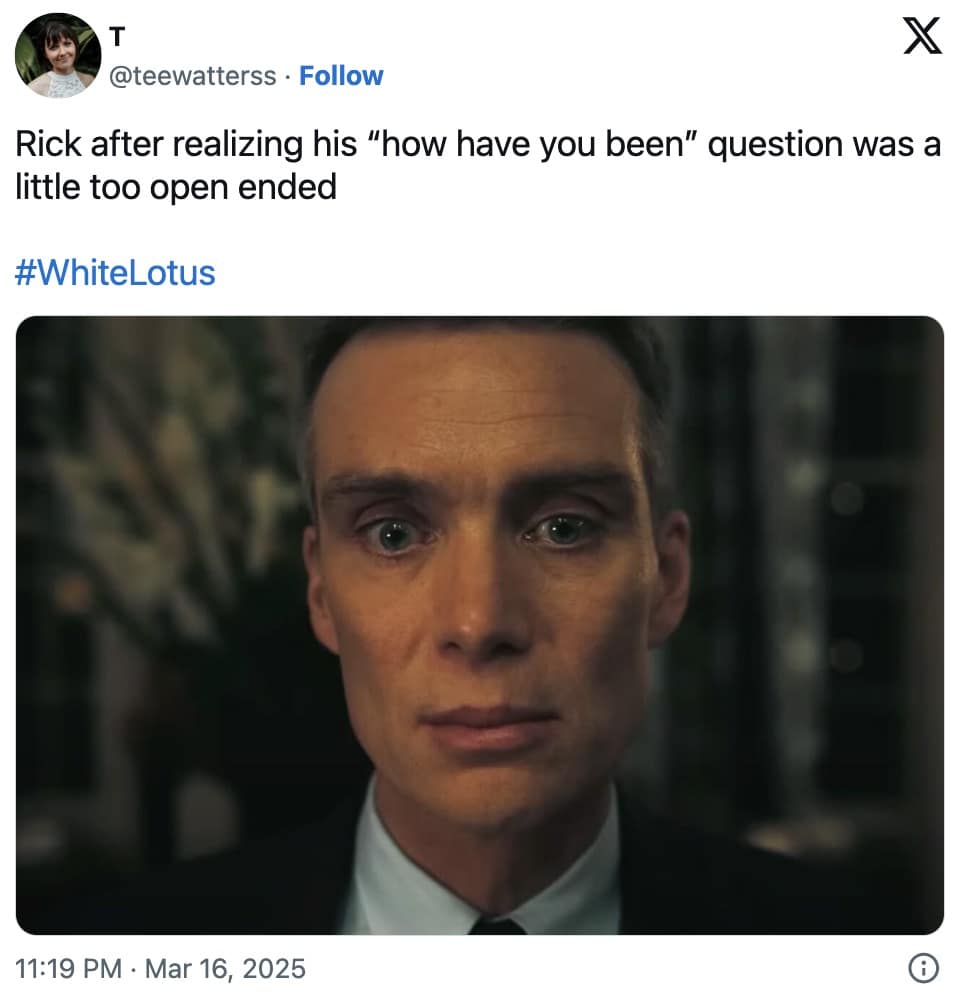 walton goggins meme, walton goggins memes, White Lotus meme, reaction memes, oversharing memes, awkward moment memes, social anxiety memes, relatable reaction memes, uncomfortable reaction memes, stunned expression memes, forced politeness memes