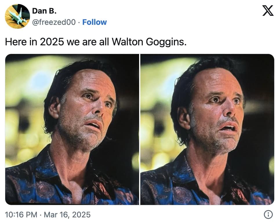 walton goggins meme, walton goggins memes, White Lotus meme, reaction memes, oversharing memes, awkward moment memes, social anxiety memes, relatable reaction memes, uncomfortable reaction memes, stunned expression memes, forced politeness memes