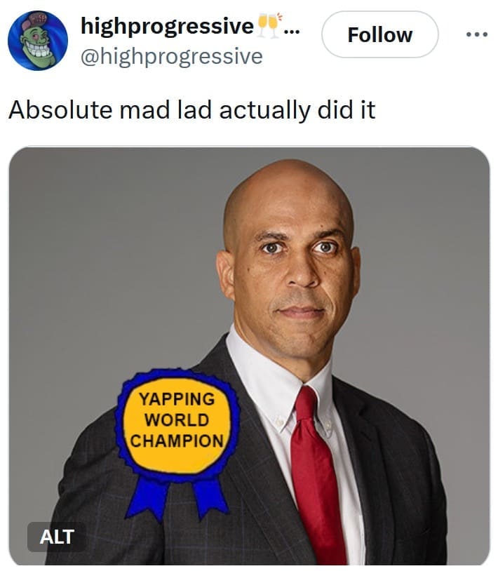 cory booker memes, filibuster memes, cory booker jokes, cory booker comedic tributes, cory booker satire, filibuster memes, filibuster jokes, senatorial speech humor, marathon filibuster humor, progressive memes, left-leaning memes, liberal humor, political memes, government gags, politician jokes, democratic memes, dem-friendly humor, donkey party references