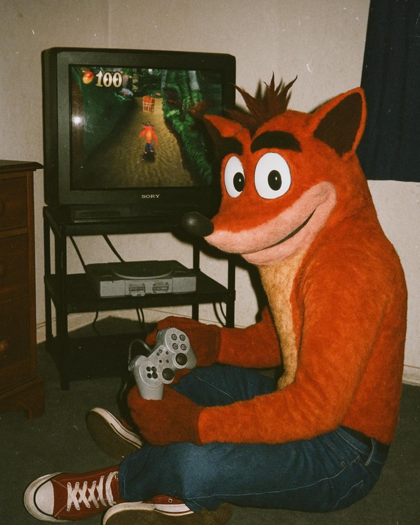 video game characters caught playing their own ps1 games, vintage game humor; classic console jokes; old‑school gaming laughs, ai generated images, ai art pics; generative photo trend; machine‑made visuals, ps1 nostalgia: playstation 1 memories; psx throwback; 90s gaming nostalgia