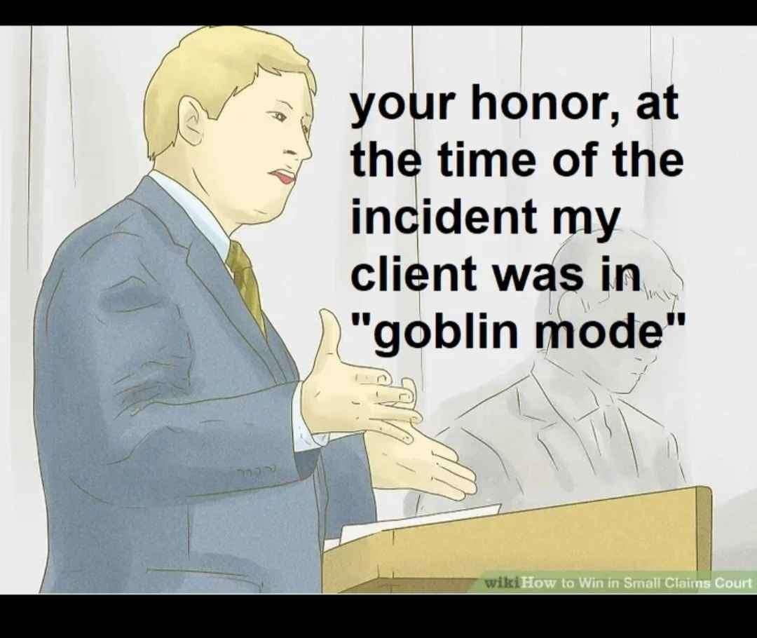 your honor, at the time of the incident my client was in "goblin mode" wikiHow to Win in Small Claims Court