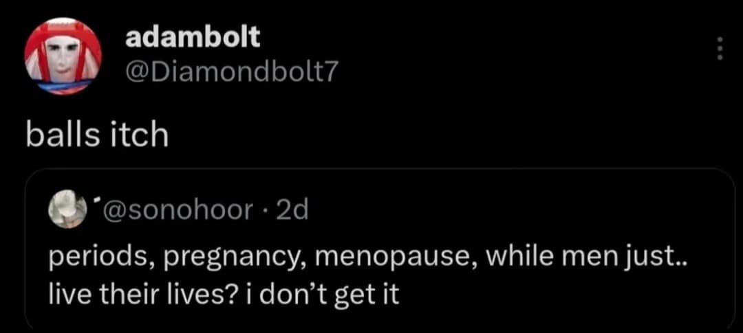 adambolt @Diamondbolt7 balls itch *@sonohoor • 2d periods, pregnancy, menopause, while men just.. live their lives? i don't get it