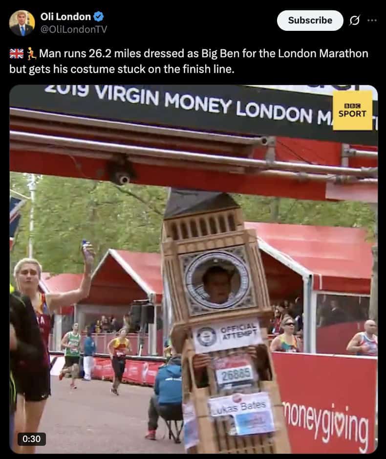 Man runs 26.2 miles dressed as Big Ben for the London Marathon but gets his costume stuck on the finish line.