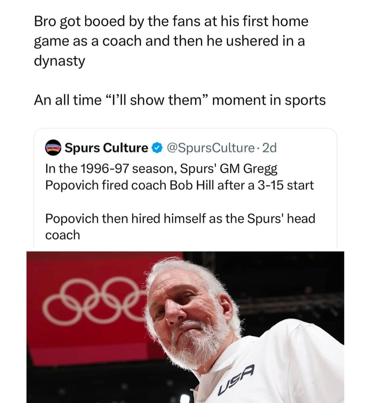 Bro got booed by the fans at his first home game as a coach and then he ushered in a dynasty An all time "I'll show them" moment in sports