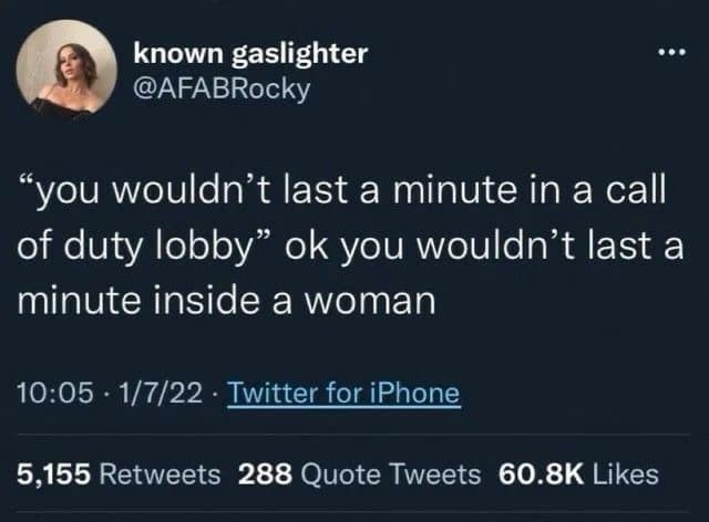 "you wouldn't last a minute in a call of duty lobby" ok you wouldn't last a minute inside a woman