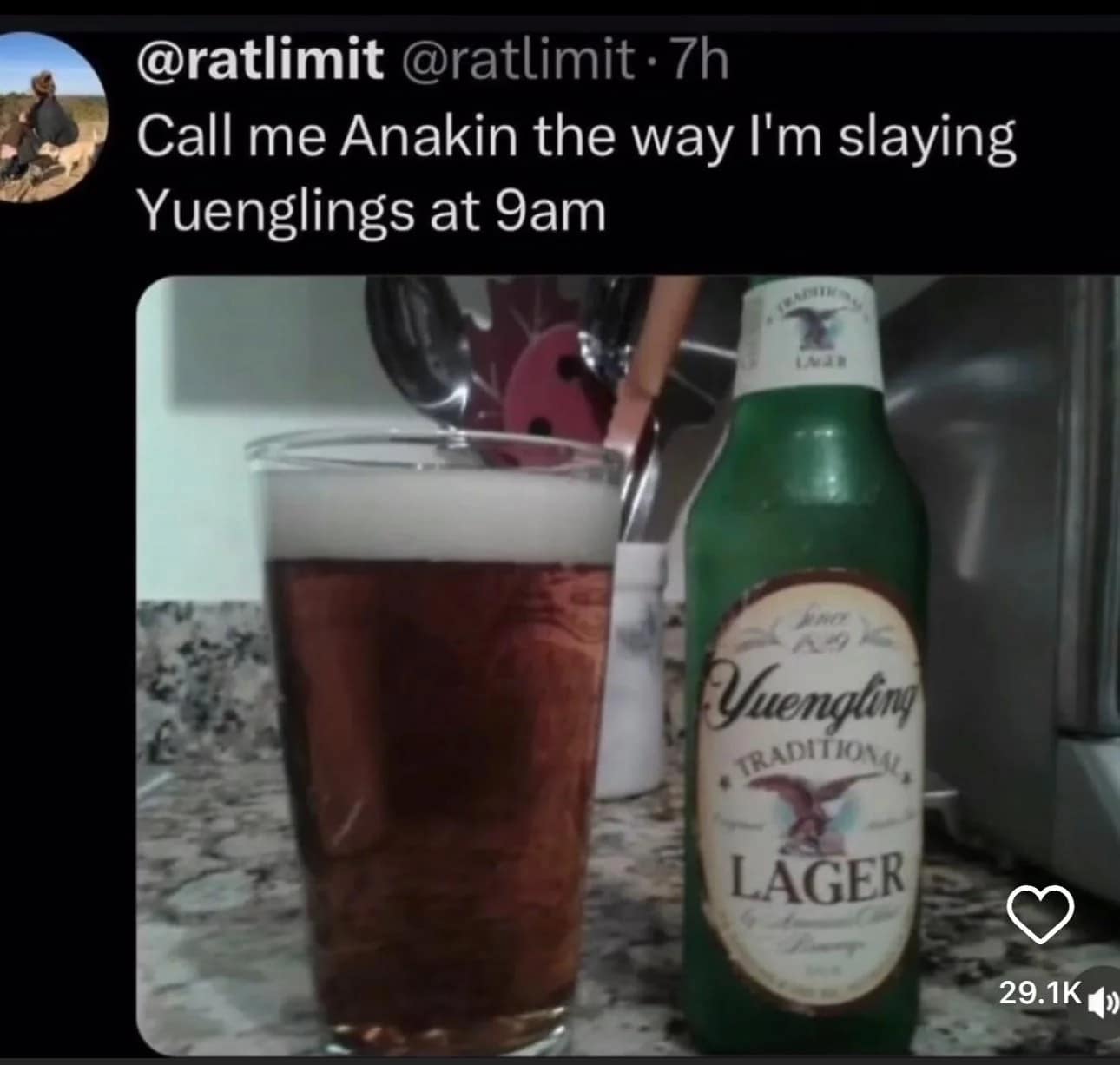 Call me Anakin the way I'm slaying Yuenglings at 9am