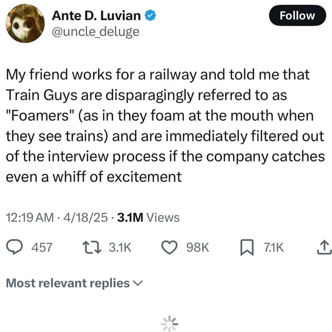 My friend works for a railway and told me that Train Guys are disparagingly referred to as "Foamers" (as in they foam at the mouth when they see trains) and are immediately filtered out of the interview process if the company catches even a whiff of excitement