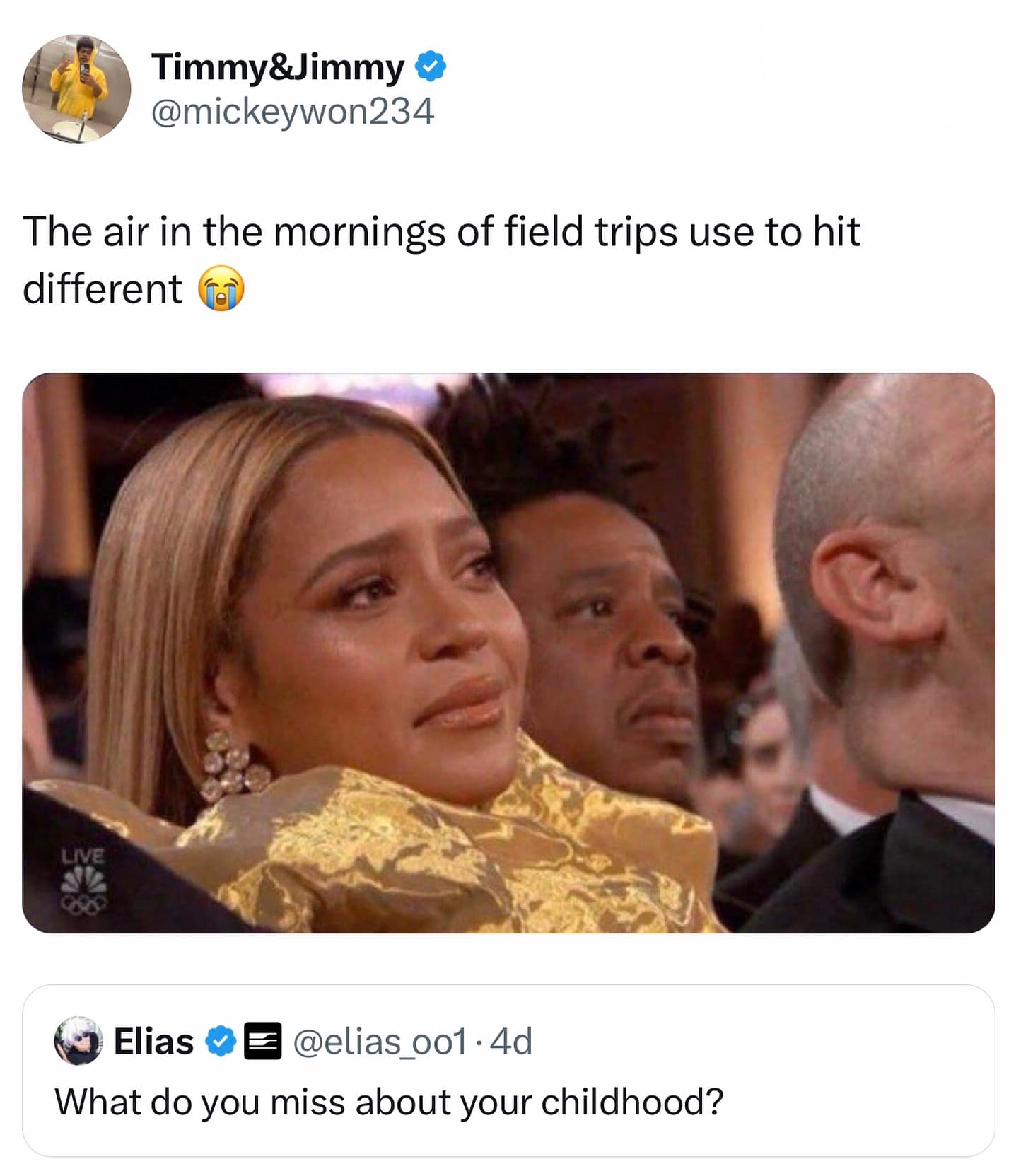 Timmy&Jimmy © @mickeywon234 The air in the mornings of field trips use to hit different Go LIVE (o Elias © E @elias 001. 4d What do you miss about your childhood?
