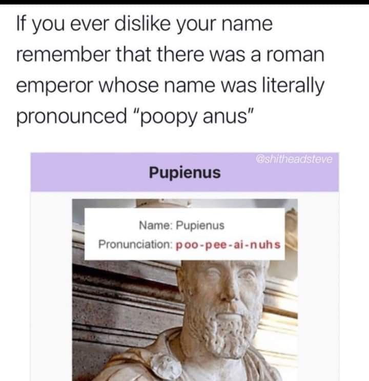 If you ever dislike your name remember that there was a roman emperor whose name was literally pronounced "poopy anus" @shitheadsteve Pupienus Name: Pupienus Pronunciation: poo -pee-ai-nuhs