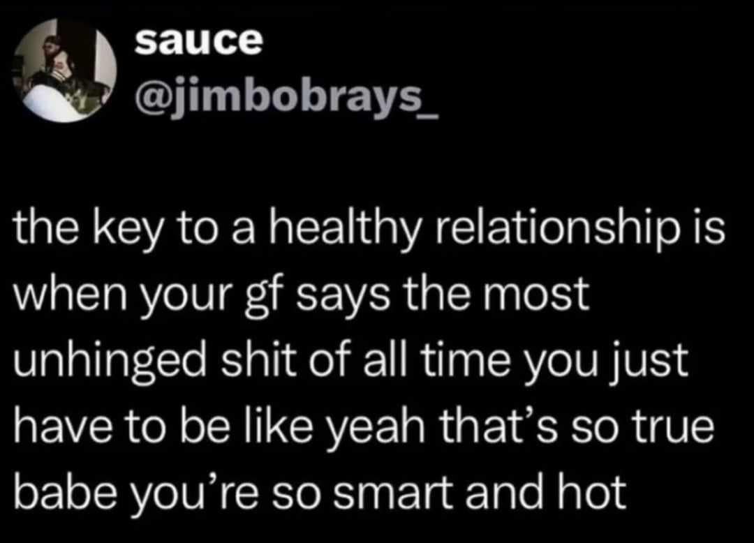 sauce @jimbobrays_ the key to a healthy relationship is when your gf says the most unhinged shit of all time you just have to be like yeah that's so true babe you're so smart and hot