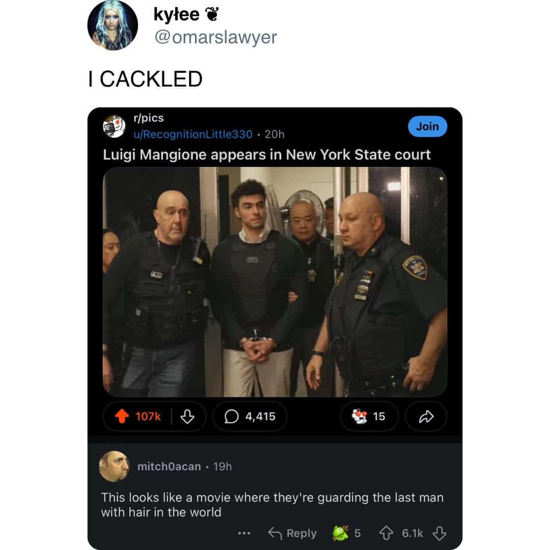 kytee @ @omarslawyer I CACKLED r/pics Join u/RecognitionLittle330: 20h Luigi Mangione appears in New York State court § 107k • 4,415 4 15 G mitchOacan 19h This looks like a movie where they're guarding the last man with hair in the world h Reply { 6.1k 3