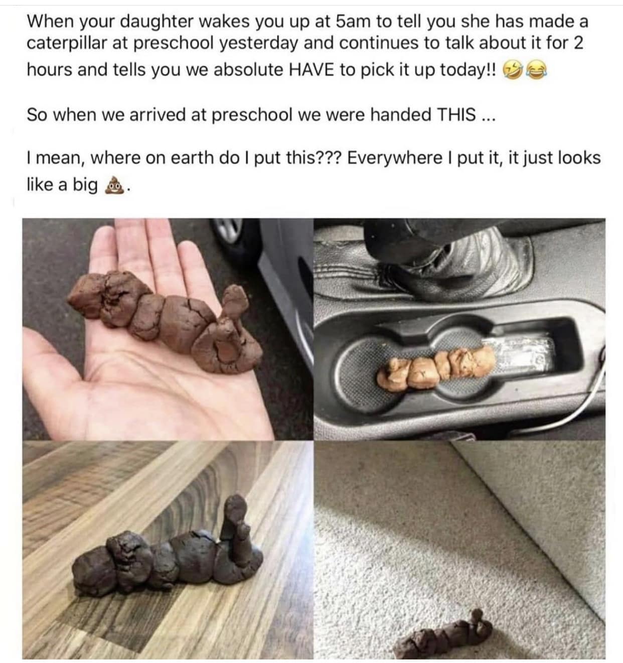 When your daughter wakes you up at 5am to tell you she has made a caterpillar at preschool yesterday and continues to talk about it for 2 hours and tells you we absolute HAVE to pick it up today!! So when we arrived at preschool we were handed THIS ... I mean, where on earth do I put this??? Everywhere I put it, it just looks like a big