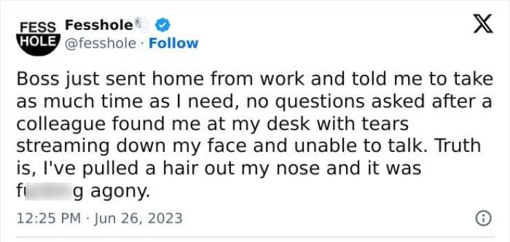 Boss just sent home from work and told me to take as much time as I need, no questions asked after a colleague found me at my desk with tears streaming down my face and unable to talk. Truth is, I've pulled a hair out my