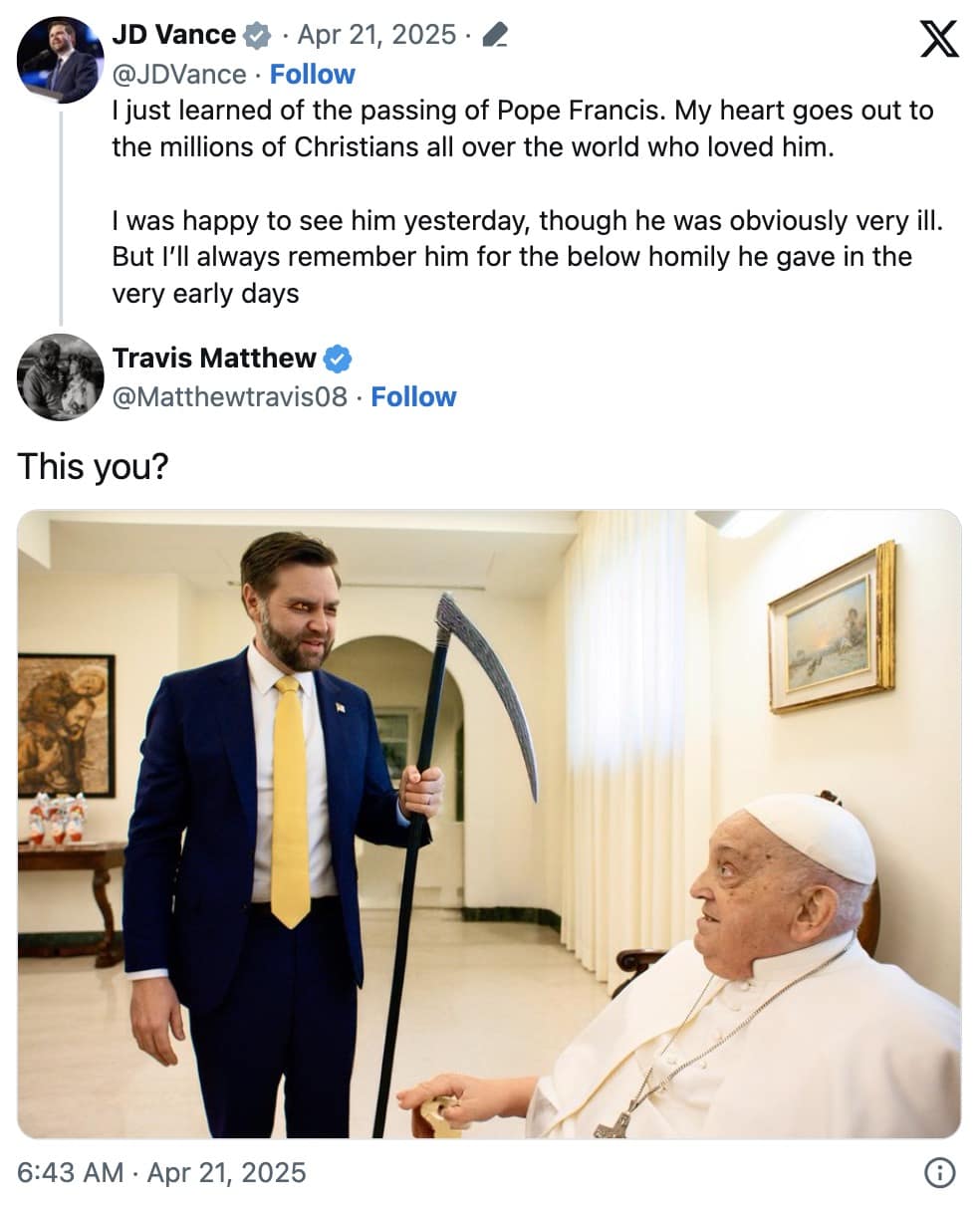 pope francis memes, pope francis death, funny Pope Francis pictures, viral Pope Francis moments, Pope Francis passed away, Pope Francis dies, JD Vance Pope Francis, JD Vance memes, political memes 2025