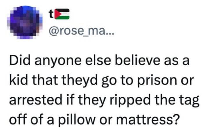 Did anyone else believe as a kid that theyd go to prison or arrested if they ripped the tag off of a pillow or mattress?