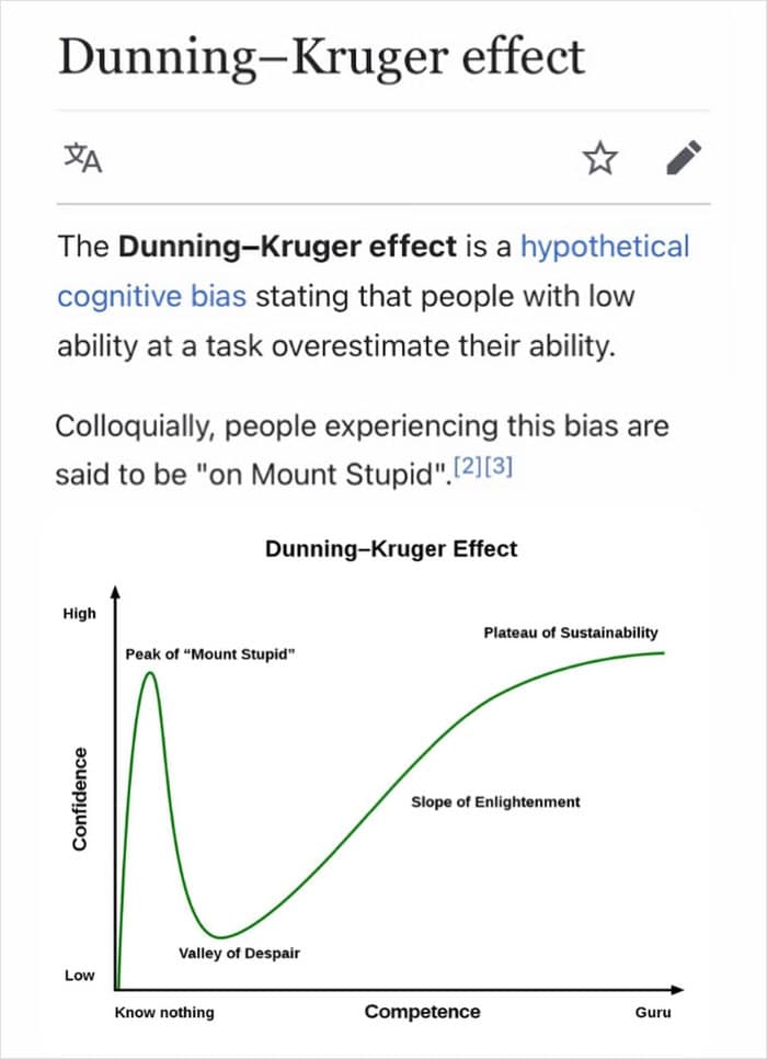 The Dunning-Kruger effect is a hypothetical cognitive bias stating that people with low ability at a task overestimate their ability. Colloquially, people experiencing this bias are said to be "on Mount Stupid".
