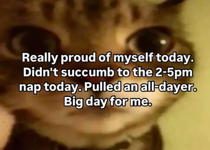 Really proud of myself today. Didn't succumb to the 2-5pm nap today. Pulled an all-dayer. Big day for me.