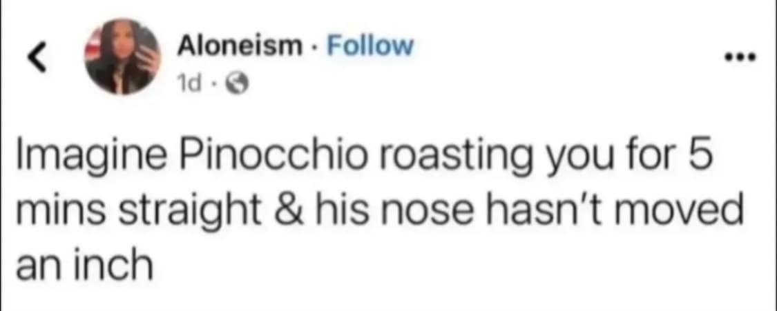 Aloneism • Follow 1d • © ... Imagine Pinocchio roasting you for 5 mins straight & his nose hasn't moved an inch
