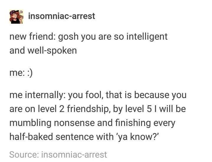 insomniac-arrest new friend: gosh you are so intelligent and well-spoken me: :) me internally: you fool, that is because you are on level 2 friendship, by level 5 l will be mumbling nonsense and finishing every half-baked sentence with 'ya know?' Source: insomniac-arrest