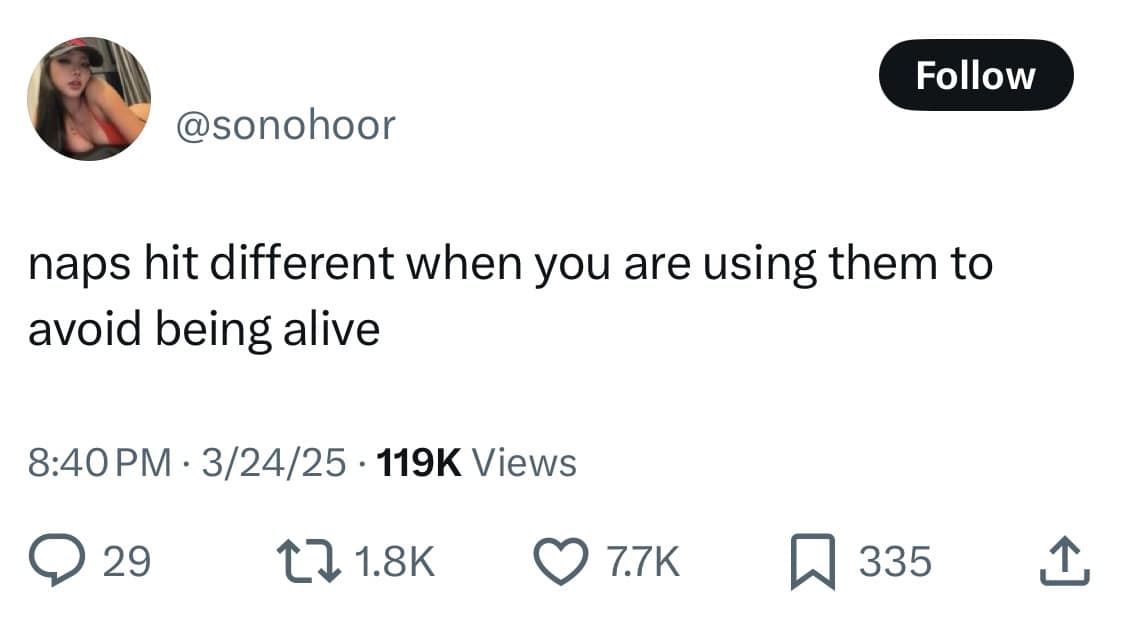 Follow @sonohoor naps hit different when you are using them to avoid being alive 8:40 PM. 3/24/25.119K Views © 29 17 1.8K 077k п 335