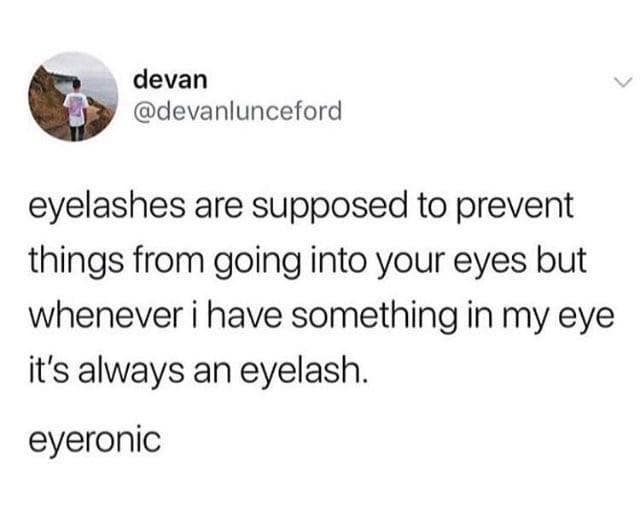 devan @devanlunceford eyelashes are supposed to prevent things from going into your eyes but whenever i have something in my eye it's always an eyelash. eyeronic