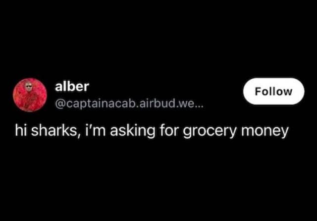 alber @captainacab.airbud.we... Follow hi sharks, i'm asking for grocery money