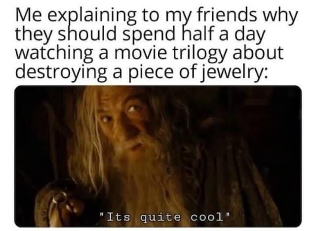 Me explaining to my friends why they should spend half a day watching a movie trilogy about destroying a piece of jewelry: "Its quite cool"