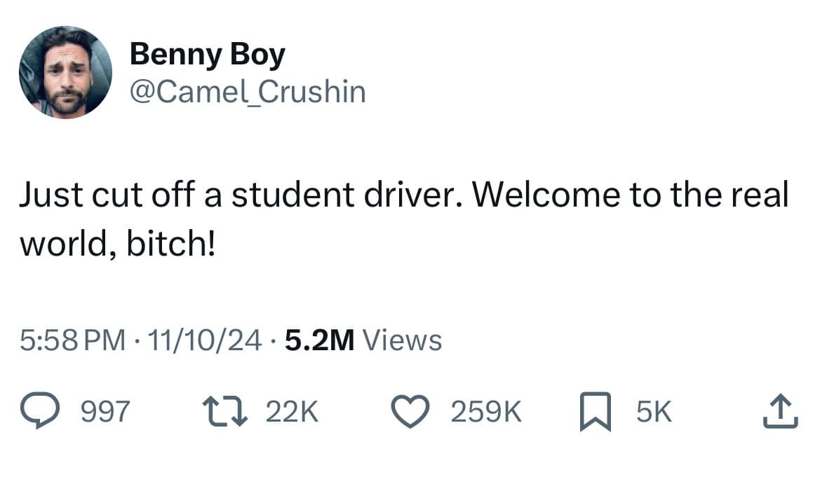 Benny Boy @Camel_Crushin Just cut off a student driver. Welcome to the real world, bitch! 5:58 PM • 11/10/24 • 5.2M Views 997 17 22K • 259K 贝 5K 企