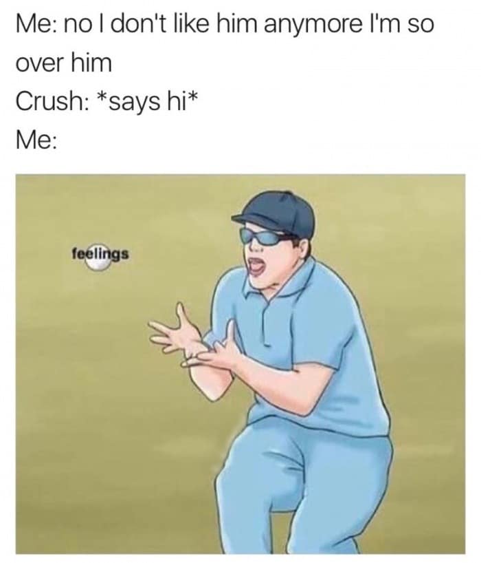 Me: no I don't like him anymore I'm so over him Crush: *says hik Me: feelings