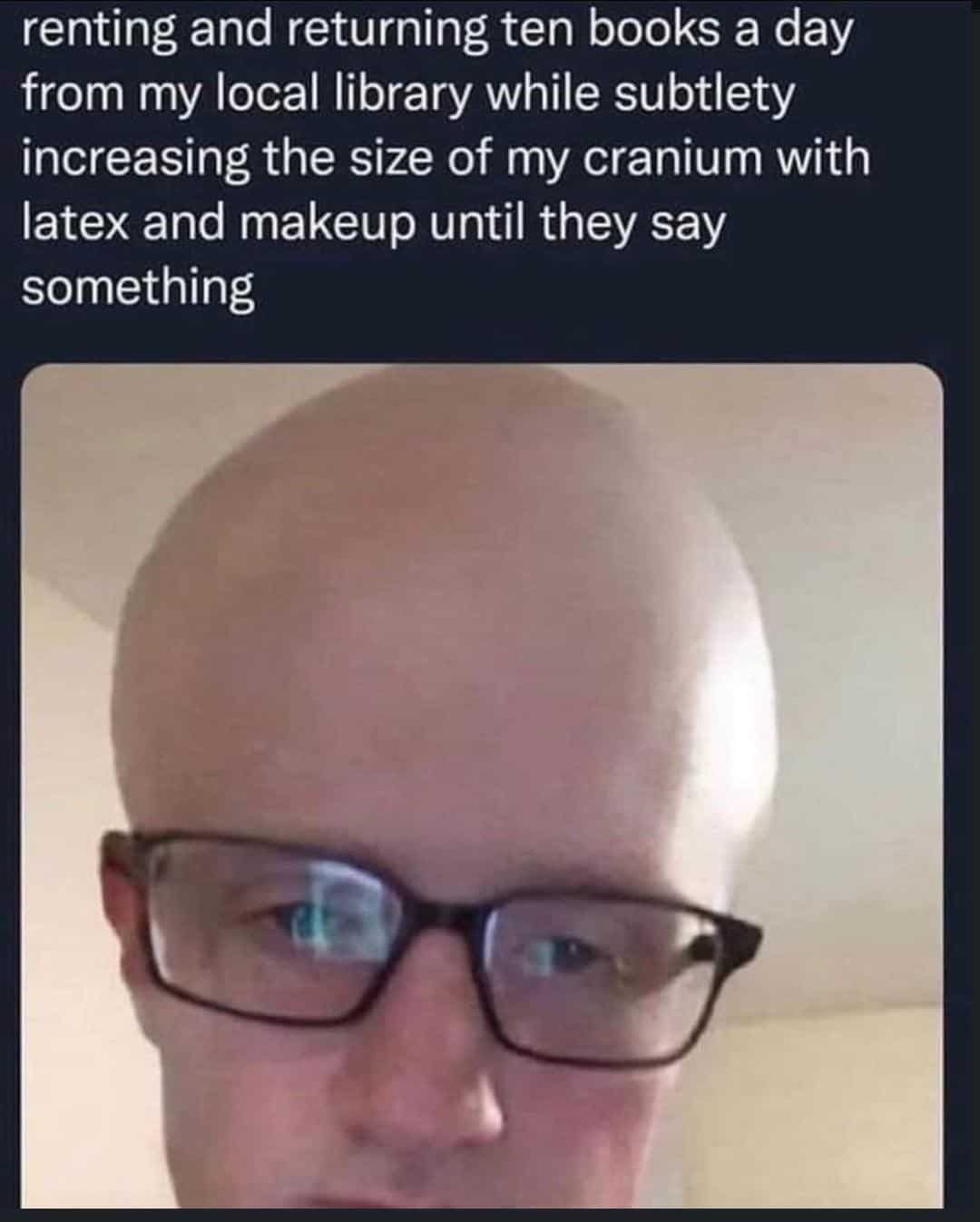 renting and returning ten books a day from my local library while subtlety increasing the size of my cranium with latex and makeup until they say something