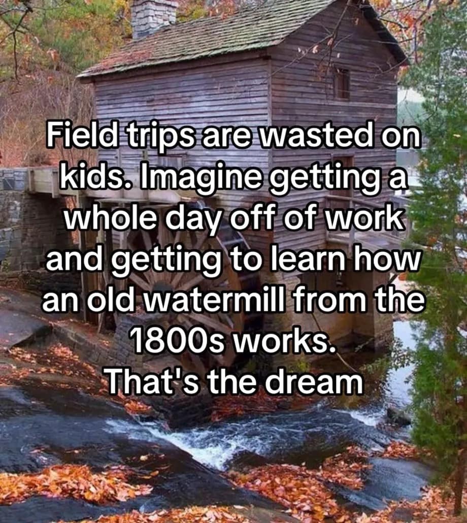 Field trips are wasted on kids. Imagine getting a whole day off of work and getting to learn how an old watermill from the 1800s works. That's the dream