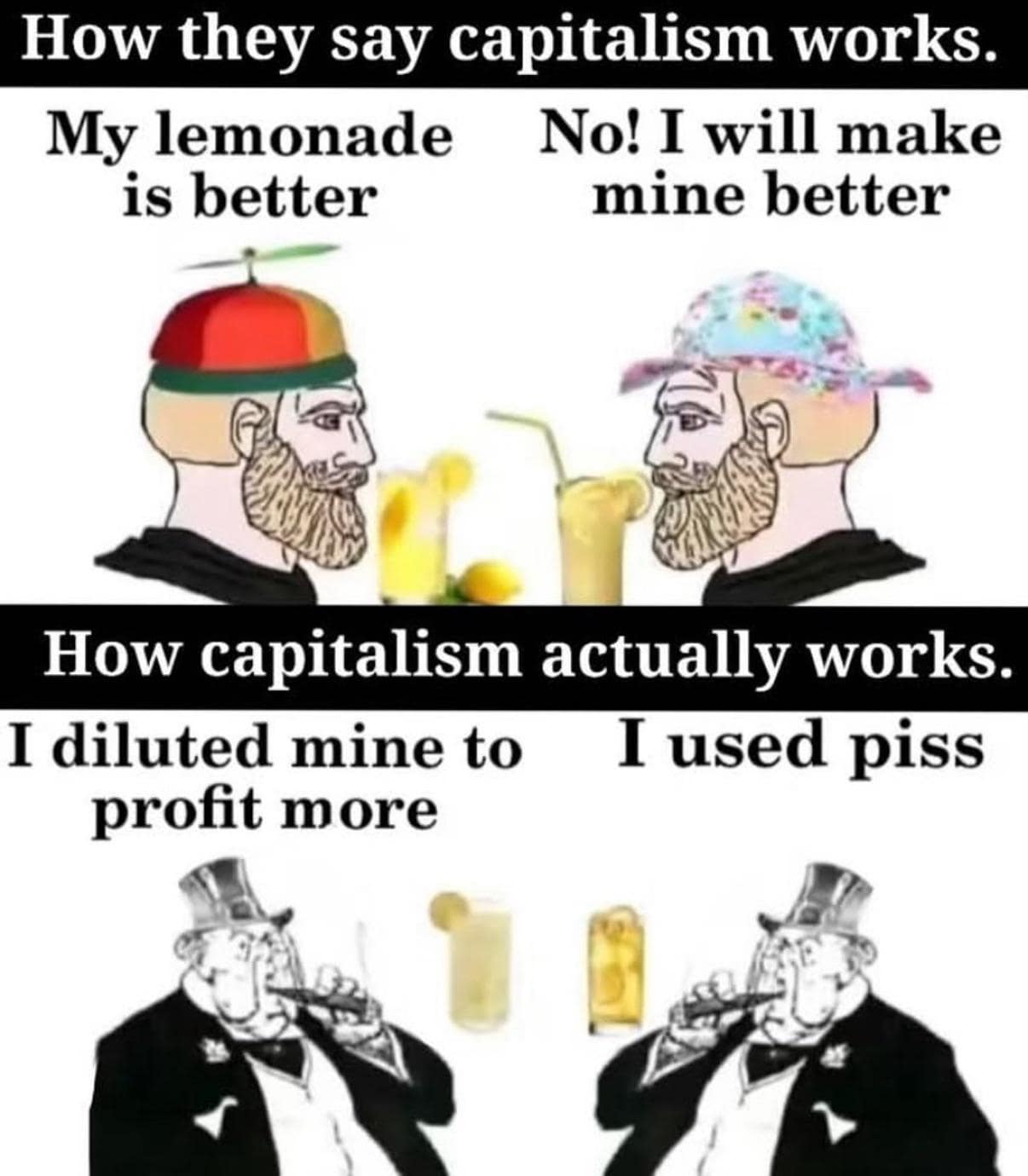 How they say capitalism works. My lemonade No! I will make is better mine better How capitalism actually works.