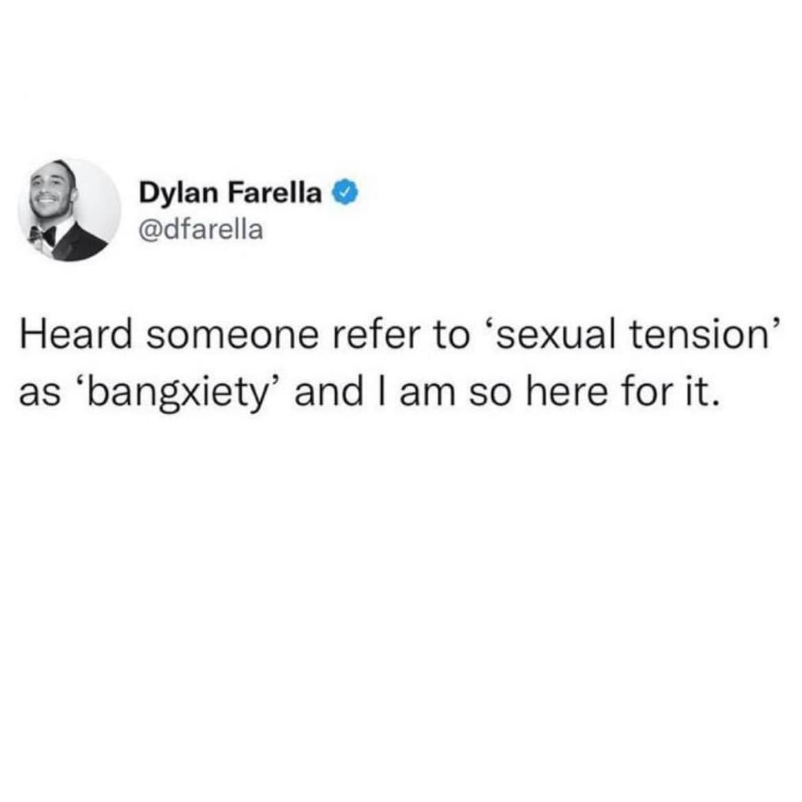 Heard someone refer to 'sexual tension' as 'bangxiety' and I am so here for it.