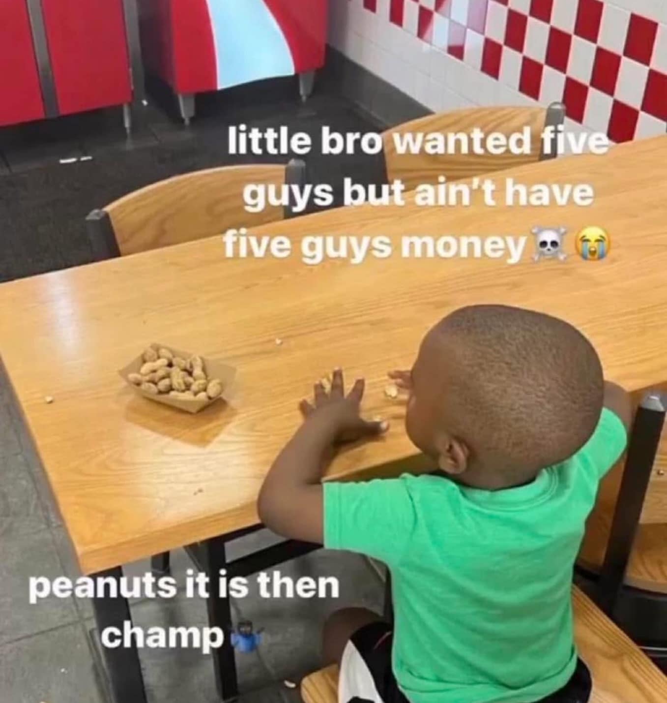 little bro wanted five guys but ain't have five guys money