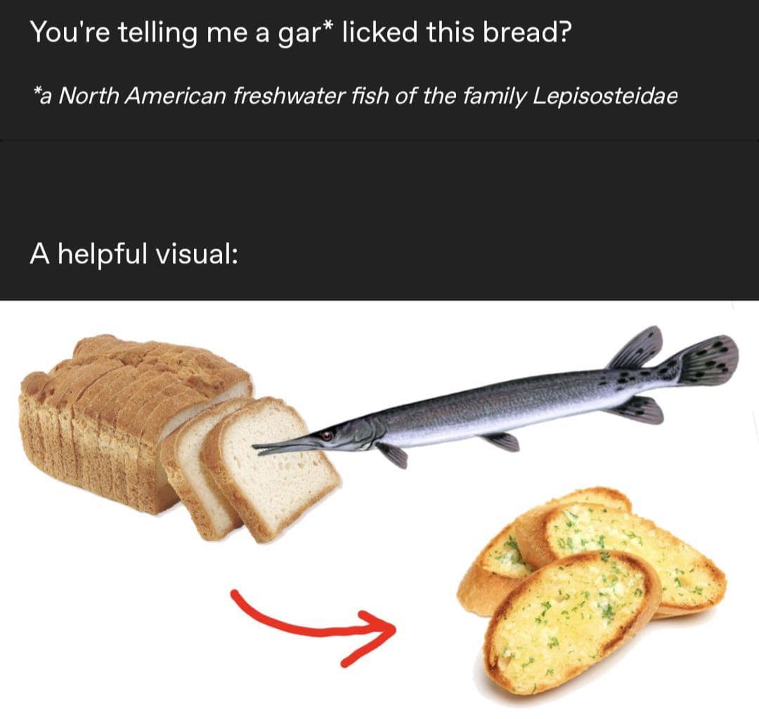 You're telling me a gar* licked this bread? *a North American freshwater fish of the family Lepisosteidae A helpful visual: