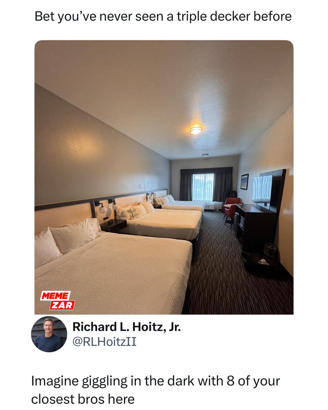 Bet you've never seen a triple decker before. Imagine giggling in the dark with 8 of your closest bros here