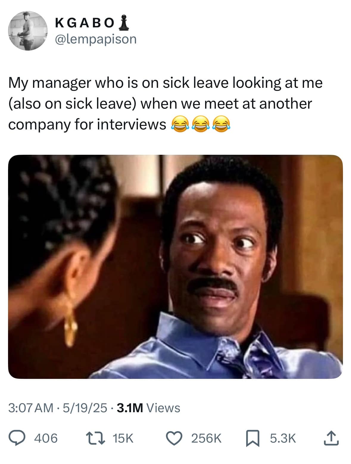 My manager who is on sick leave looking at me (also on sick leave) when we meet at another company for interviews