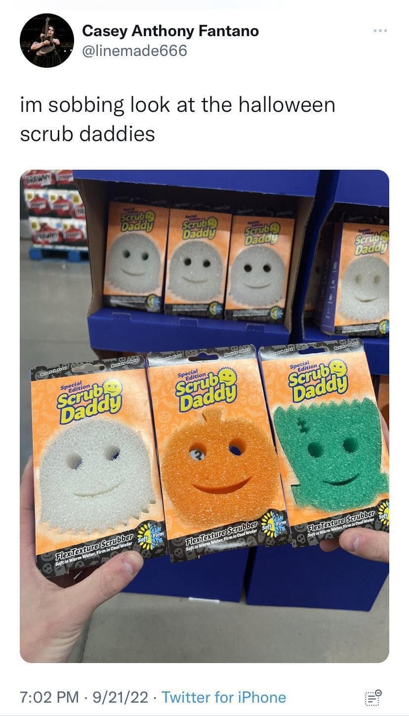 im sobbing look at the halloween scrub daddies