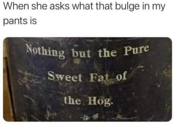 When she asks what that bulge in my pants is Nothing but the Pure Sweet Fat of the Hog-