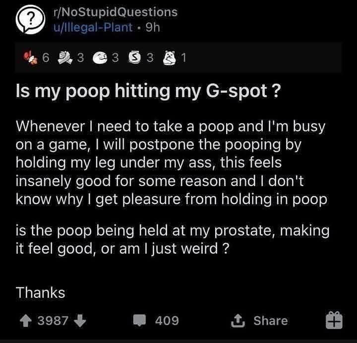 r/NoStupidQuestions u/lllegal-Plant • 9h 6 3 3 3 1 Is my poop hitting my G-spot? Whenever I need to take a poop and I'm busy on a game, I will postpone the pooping by holding my leg under my ass, this feels insanely good for some reason and I don't know why I get pleasure from holding in poop is the poop being held at my prostate, making it feel good, or am I just weird ? Thanks 3987 409 Share