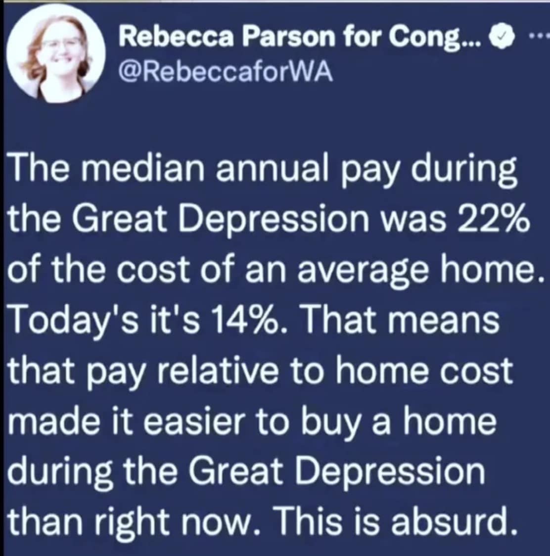 The median annual pay during the Great Depression was 22% of the cost of an average home. Today's it's 14%. That means that pay relative to home cost made it easier to buy a home during the Great Depression than right now. This is absurd.