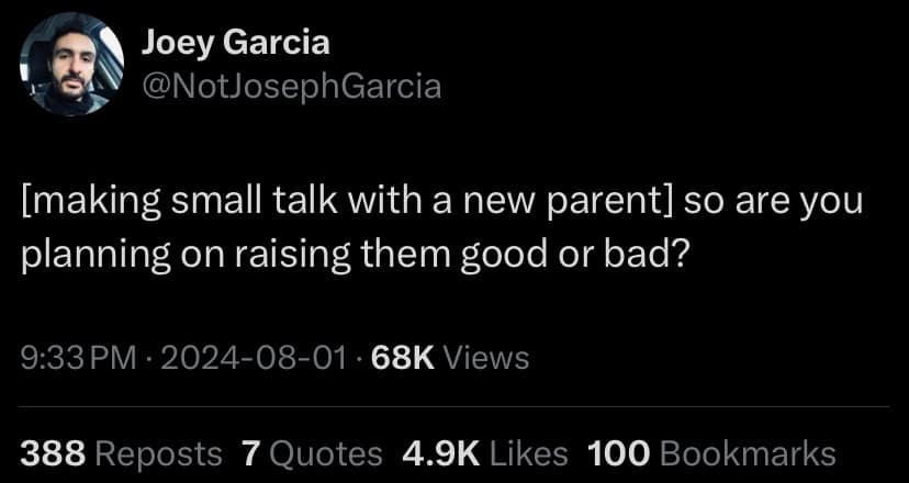 Joey Garcia @NotJosephGarcia [making small talk with a new parent] so are you planning on raising them good or bad? 9:33 PM - 2024-08-01 - 68K Views 388 Reposts 7 Quotes 4.9K Likes 100 Bookmarks
