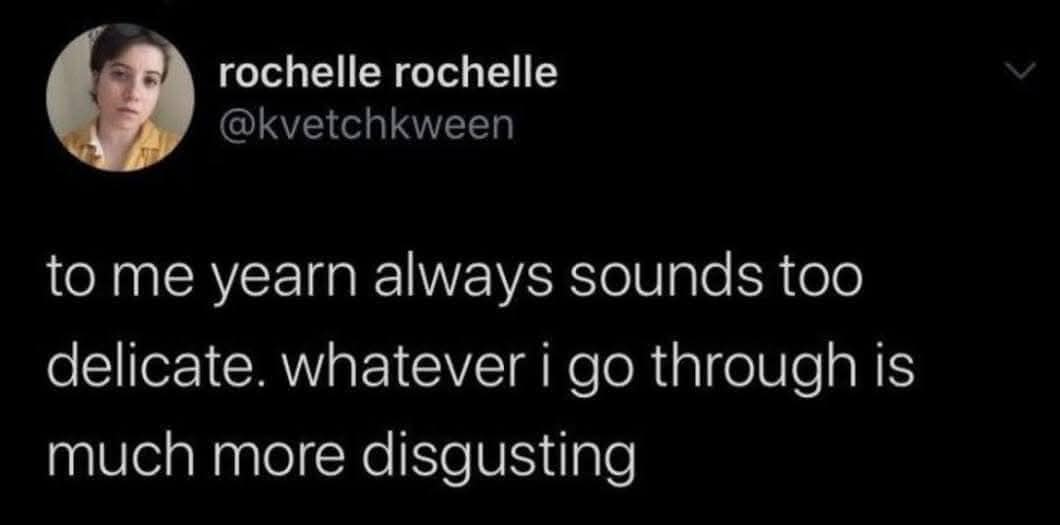 rochelle rochelle @kvetchkween to me yearn always sounds too delicate. whatever i go through is much more disgusting