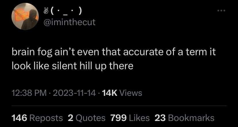 @iminthecut brain fog ain't even that accurate of a term it look like silent hill up there 12:38 PM - 2023-11-14 - 14K Views 146 Reposts 2 Quotes 799 Likes 23 Bookmarks