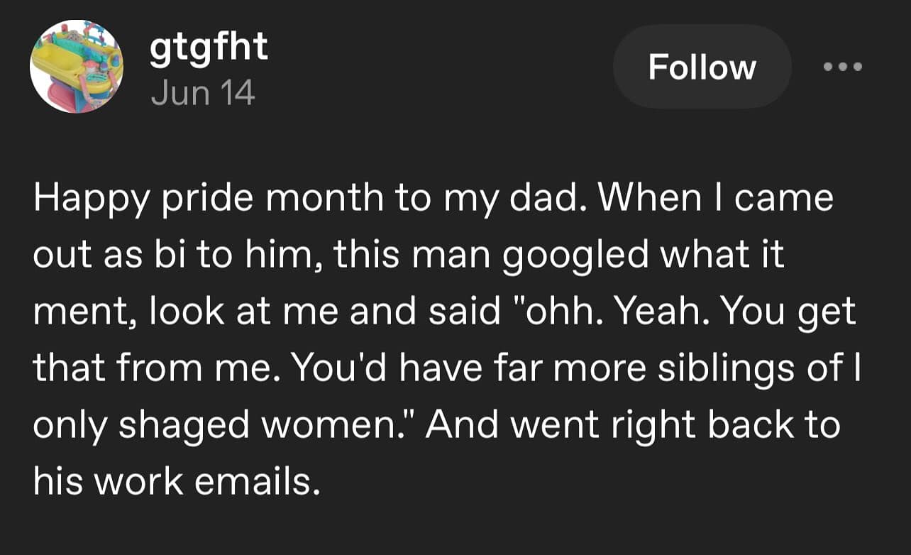 Happy pride month to my dad. When I came out as bi to him, this man googled what it ment, look at me and said "ohh. Yeah. You get that from me. You'd have far more siblings of I only shaged women." And went right back to his work emails.